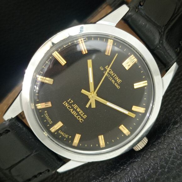Vintage 1976 Montine Of SwitzerlandManual Mens Silver Watch W/Leather Strap